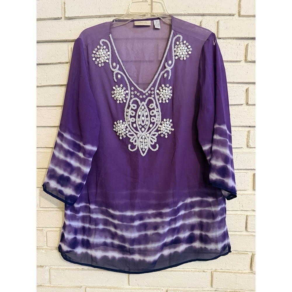 Chico's 2 Women's Purple Dip Dyed Beaded Neckline Sheer Top Size Large‎